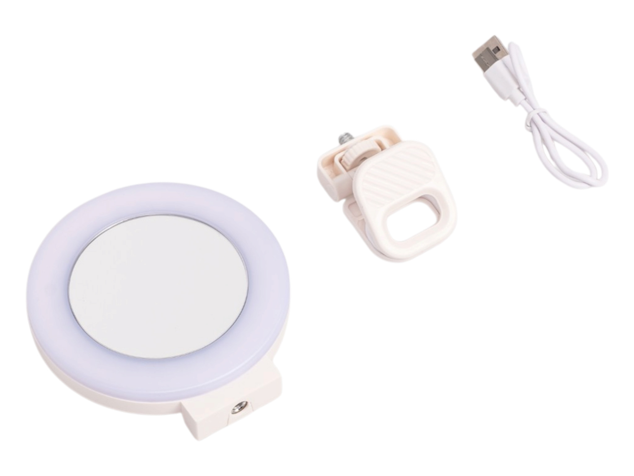 Obsah balení: kruhové světlo se zrcátkem, upevňovací klip a USB kabel