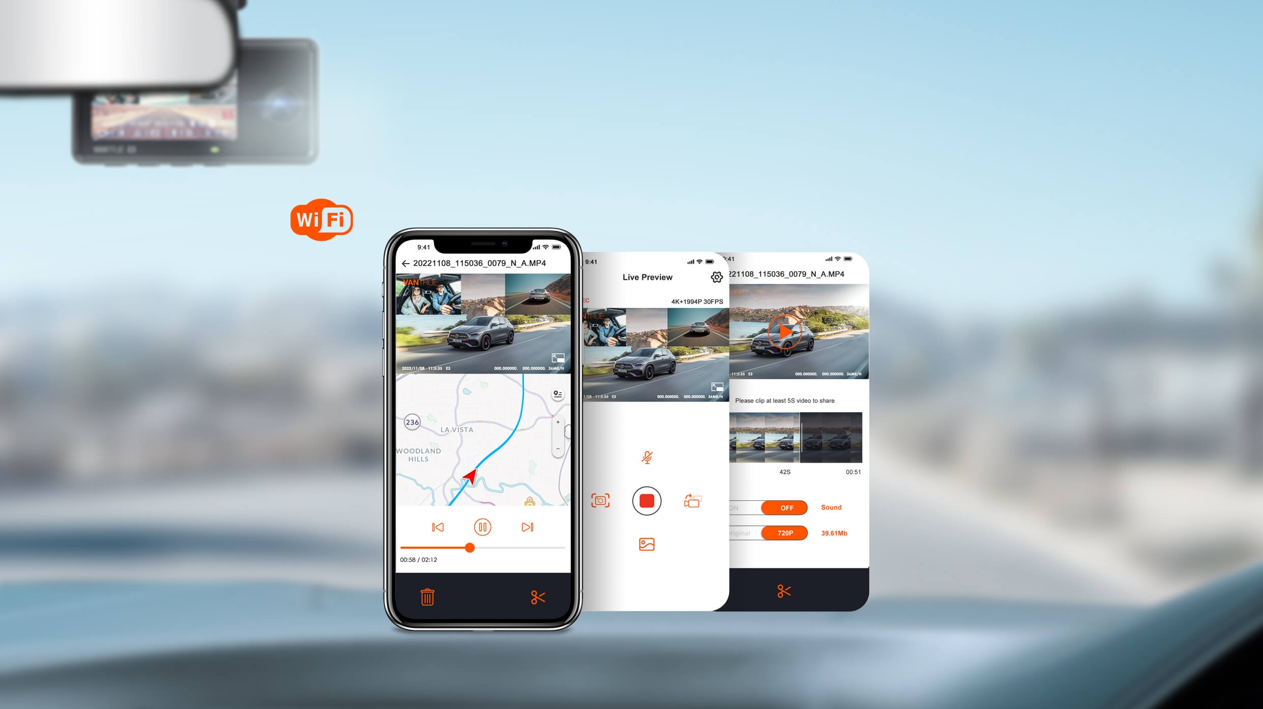 Mobilní aplikace Vantrue s živým náhledem a GPS mapou