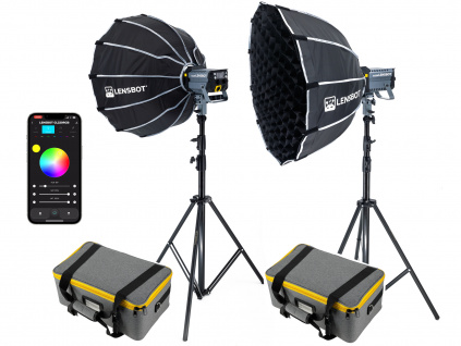 Set COB světel 2 x LENSBOT GL220RGB (2 x stativ, 2 x softbox)  220W, 105000 luxů na 1 metr, Bi-Color, Smartphone app