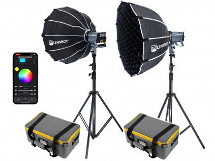 Set COB světel 2 x LENSBOT GL220RGB (2 x stativ, 2 x softbox)  220W, Bi-Color + RGB, Smartphone app