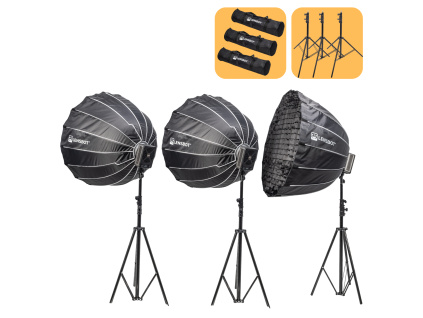 Mega zestaw oświetleniowy 3x Redhead DS-230W COB led (3 softboxy, 3 statywy) 55000 Lumenów, Aplikacja na smartfona, Mocowanie Bowensa