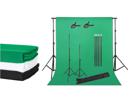 (BAZAR) Set tří foto pozadí + konstrukce na plátno + 2 x svorka