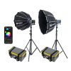 Szett 2 x LENSBOT GL220 COB lámpa (2 x állvány, 2 x softbox)  220W, 105 000 lux 1 méteren, bi-color, okostelefonos alkalmazás