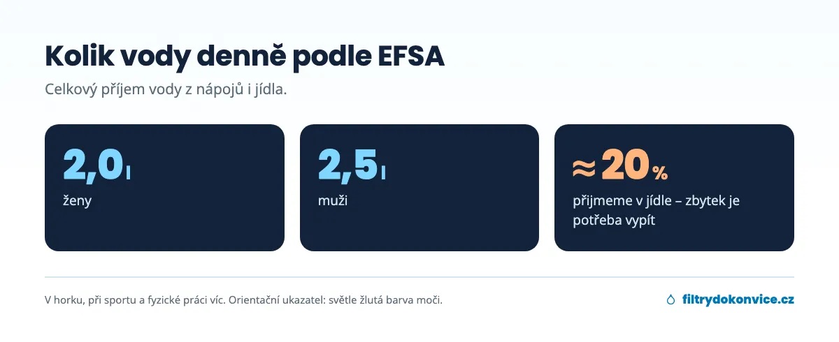 Doporučený denní příjem vody podle EFSA: 2,0 l pro ženy a 2,5 l pro muže