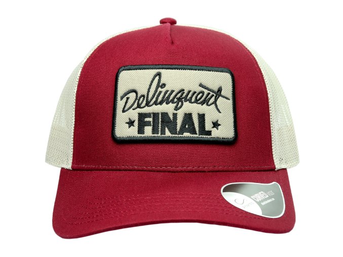 Kšiltovka FINAL s nášivkou "DELINQUENT" snapback trucker, vínovo béžová