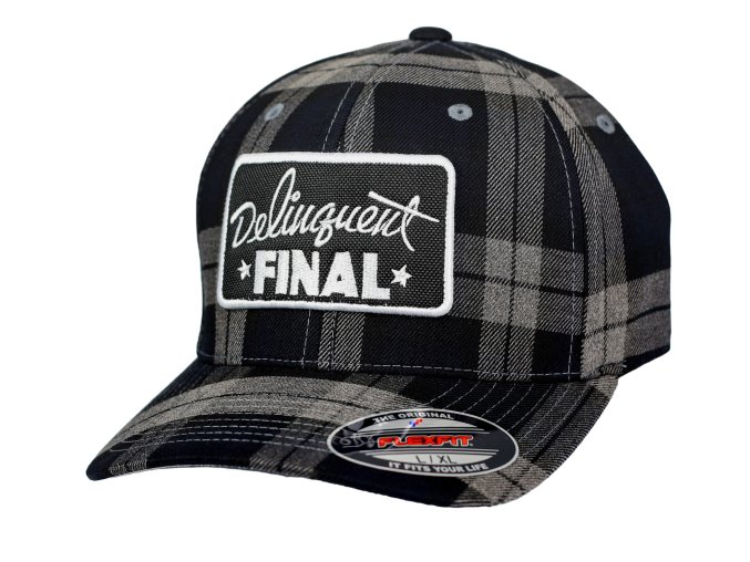 Kšiltovka FINAL s nášivkou "DELINQUENT" FLEXFIT flanel, plná