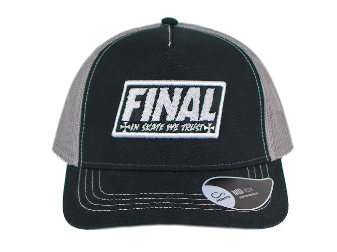 Kšiltovka FINAL s nášivkou "TRUST" snapback trucker, černo šedá