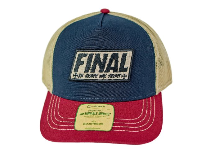 Kšiltovka FINAL s nášivkou "TRUST" snapback trucker - recykled polyester, vínovo modro béžová
