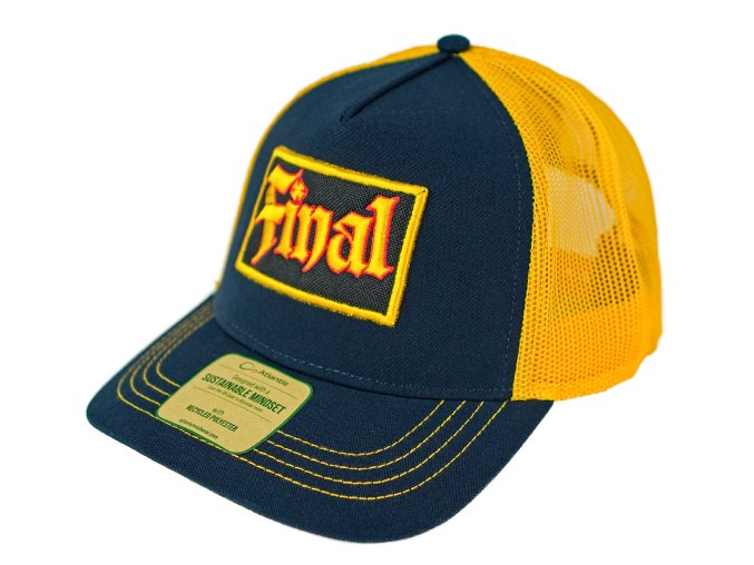 Kšiltovka FINAL s nášivkou "PARTY" snapback trucker - recykled polyester,  modro žlutá