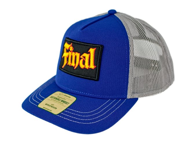 Kšiltovka FINAL s nášivkou "PARTY" snapback trucker - recykled polyester, modro šedá