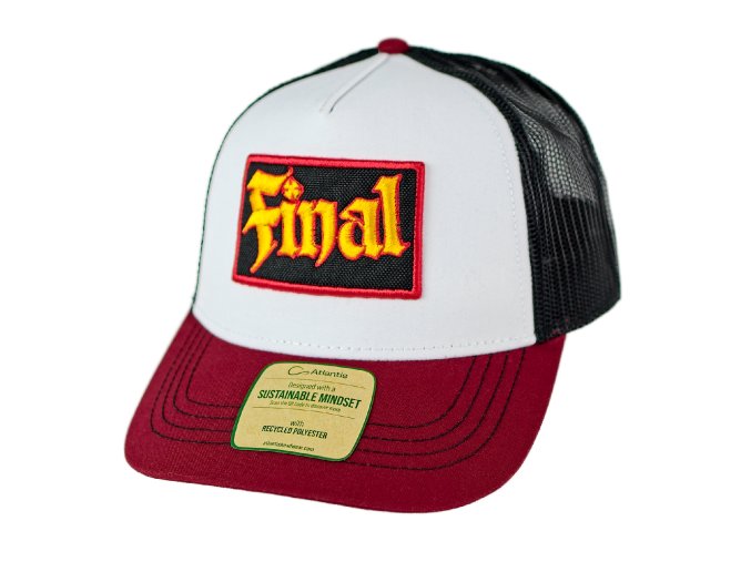 Kšiltovka FINAL s nášivkou "PARTY" snapback trucker - recykled polyester, vínovo bílo černá