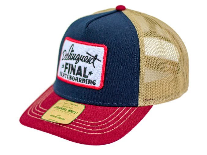 Kšiltovka FINAL s nášivkou "DELINQUENT" snapback trucker- recykled polyester, vínovo modro béžová