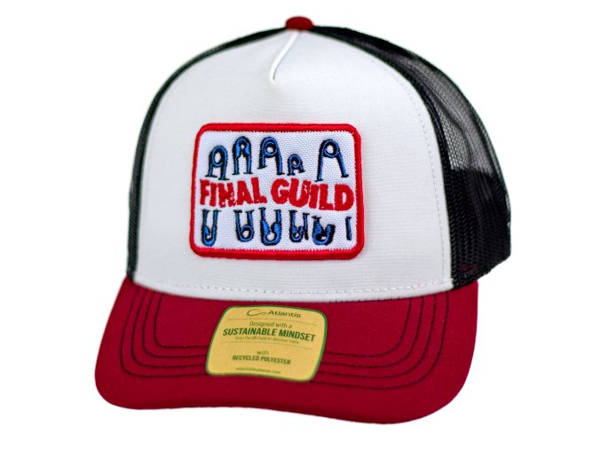 Kšiltovka FINAL s nášivkou "SICHER" snapback trucker - recykled polyester, vínovo bílo šedá