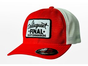 Kšiltovka FINAL s nášivkou "DELINQUENT" Flexfit celosíť 360°, plná bez zapínání, červenobílá