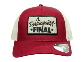 Kšiltovka FINAL s nášivkou "DELINQUENT" snapback trucker, vínovo béžová