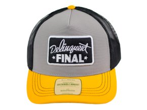 Kšiltovka FINAL s nášivkou "DELINQUENT" snapback trucker- recykled polyester, žluto šedo černá
