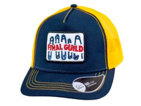 Kšiltovka FINAL s nášivkou "SICHER" snapback trucker- recykled polyester, modro žlutá