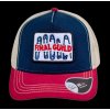 Kšiltovka FINAL s nášivkou "SICHER" snapback trucker- recykled polyester, vínovo modro béžová
