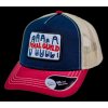 Kšiltovka FINAL s nášivkou "SICHER" snapback trucker- recykled polyester, vínovo modro béžová
