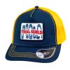 Kšiltovka FINAL s nášivkou "SICHER" snapback trucker- recykled polyester, modro žlutá
