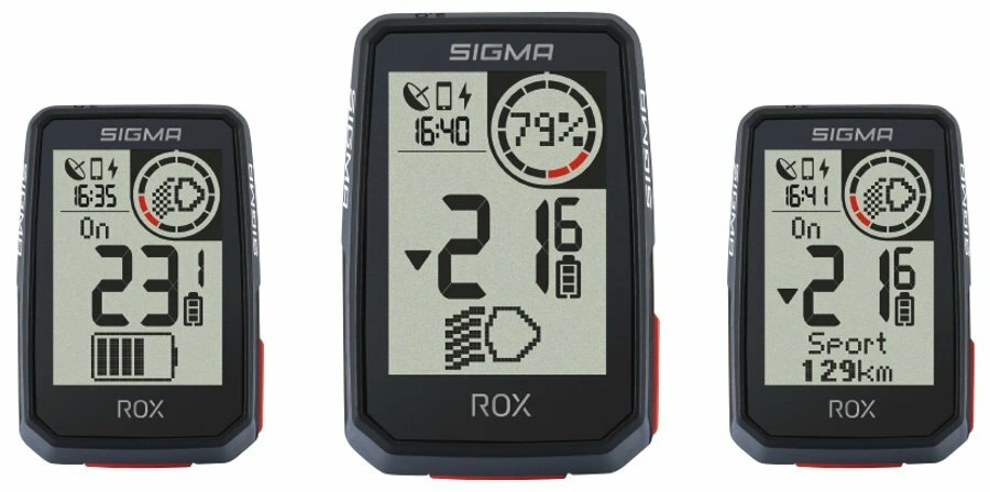 Tři obrazovky cyklocomputeru Sigma ROX 2.0 s údaji z elektrokola: úroveň podpory, stav baterie a dojezd