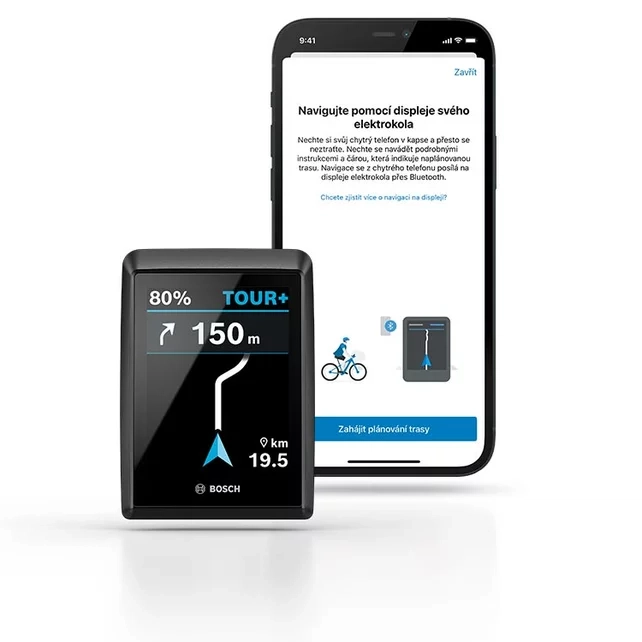 Displej Bosch Kiox s navigačním pokynem k odbočení a telefon s navigací v aplikaci eBike Flow