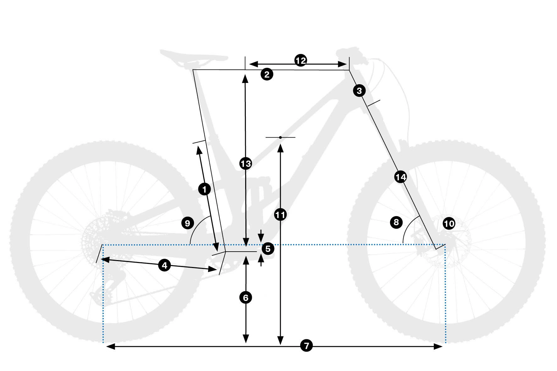 Geometrie rámu horského kola Orbea Rallon – nákres s očíslovanými rozměry 1–14 z tabulky geometrie