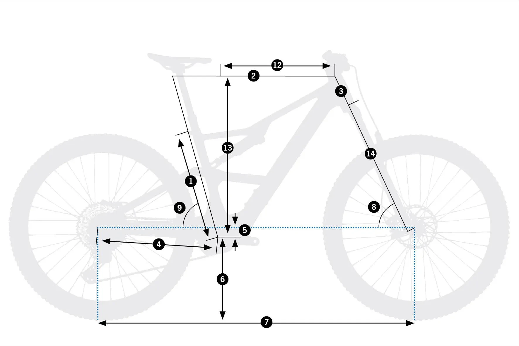 Geometrie rámu elektrokola Orbea Rise SL – nákres s očíslovanými rozměry z tabulky geometrie