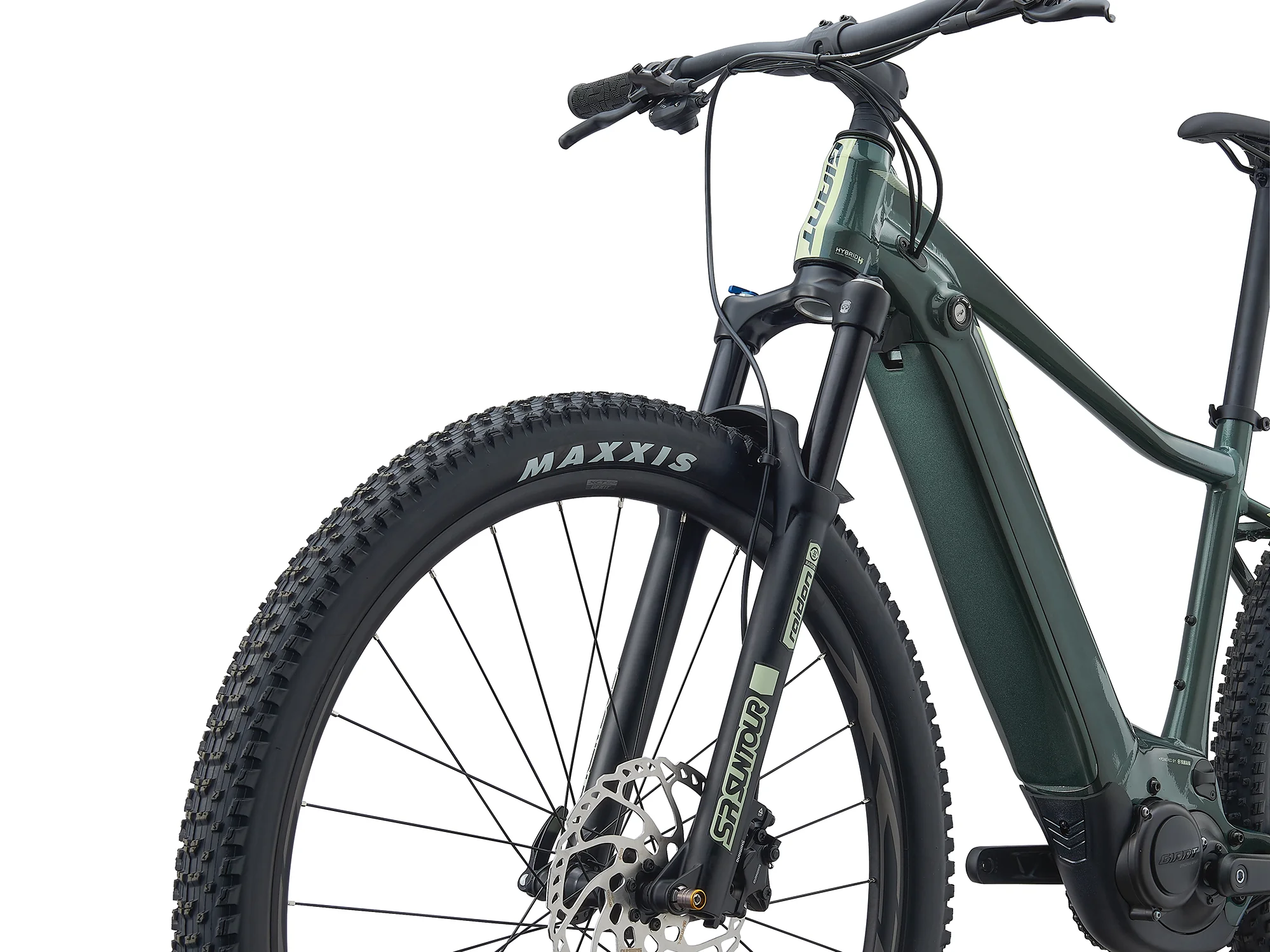 Integrovaná baterie ve spodní trubce a přední kolo horského elektrokola Giant Fathom E+