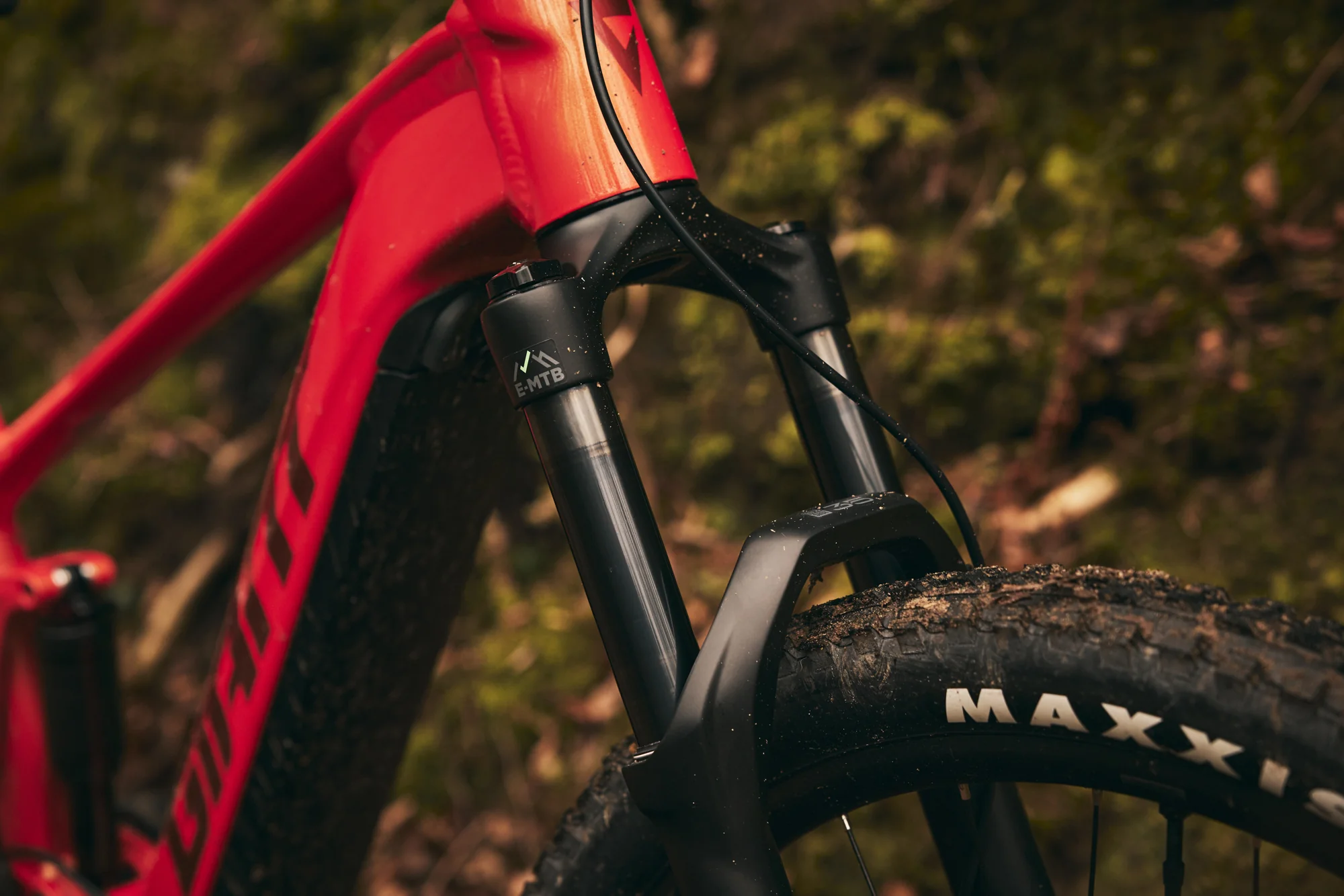 Přední vidlice, hlavová trubka a plášť Maxxis na elektrokole Giant Stance E+