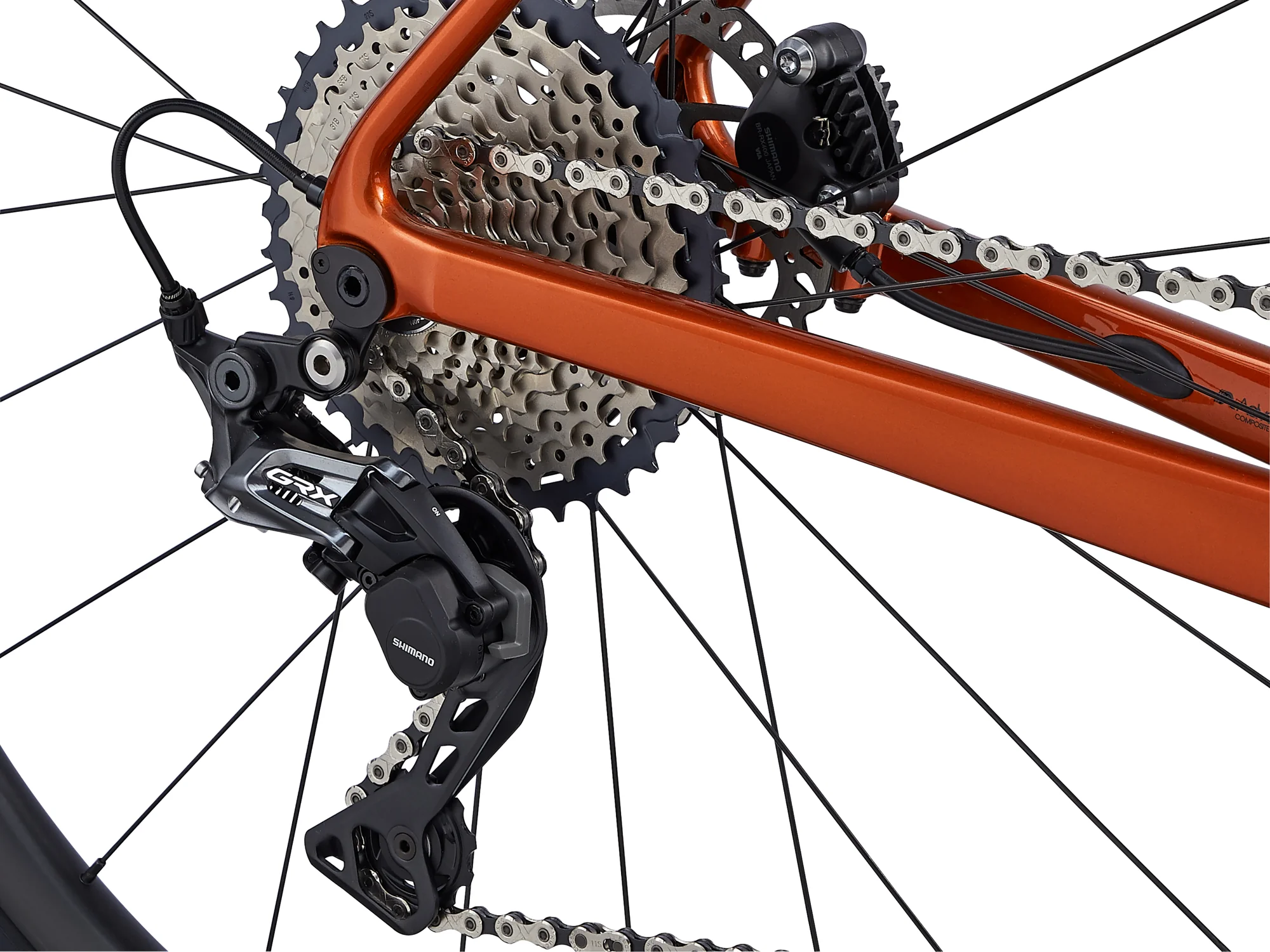 Zadní přehazovačka Shimano GRX, kazeta a řetězová vzpěra kola Giant TCX Advanced Pro 2 v barvě Amber Glow