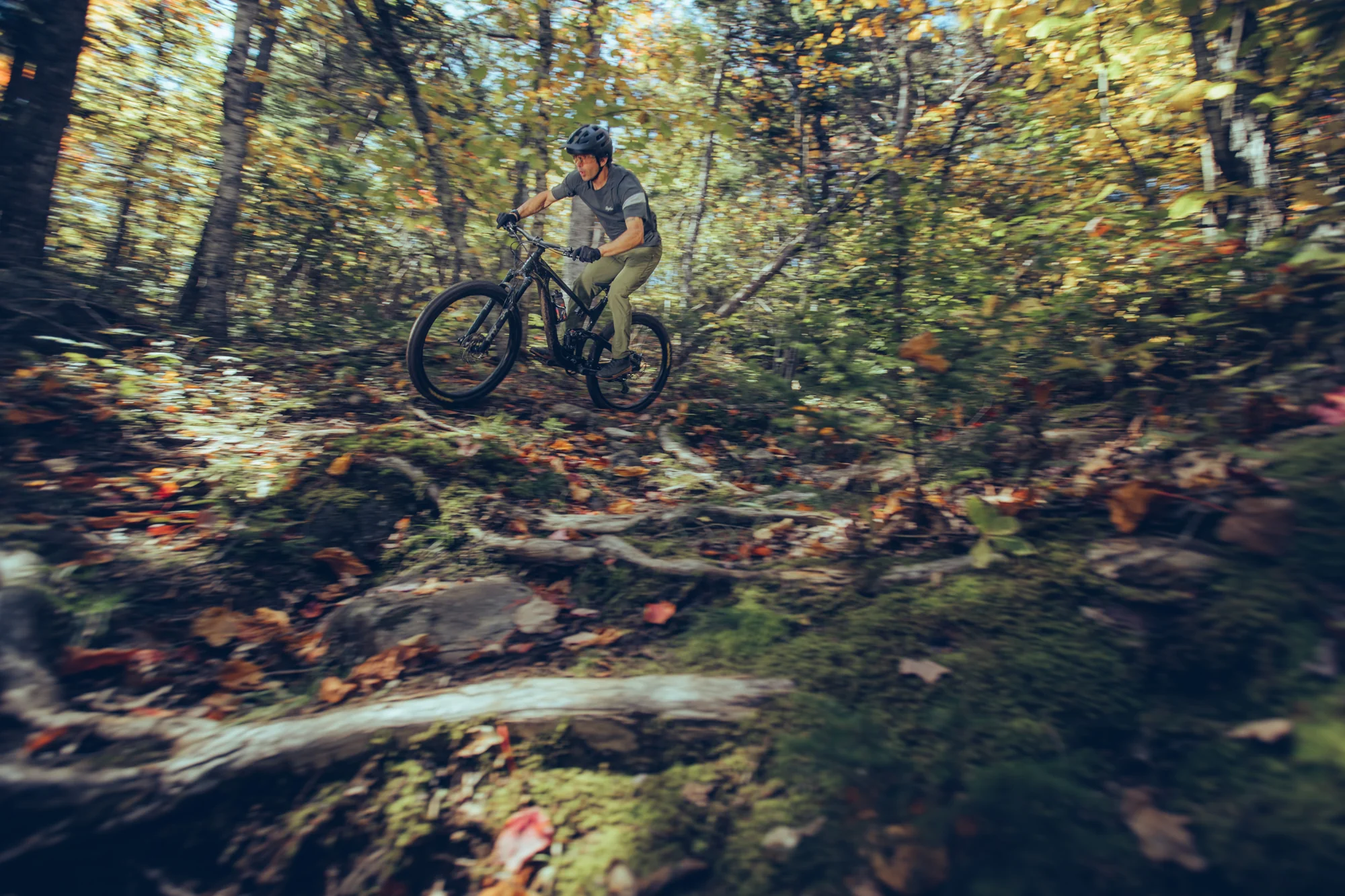 Jezdec na kole Giant Trance Advanced Pro 29 sjíždí lesní stezku mezi podzimním listím
