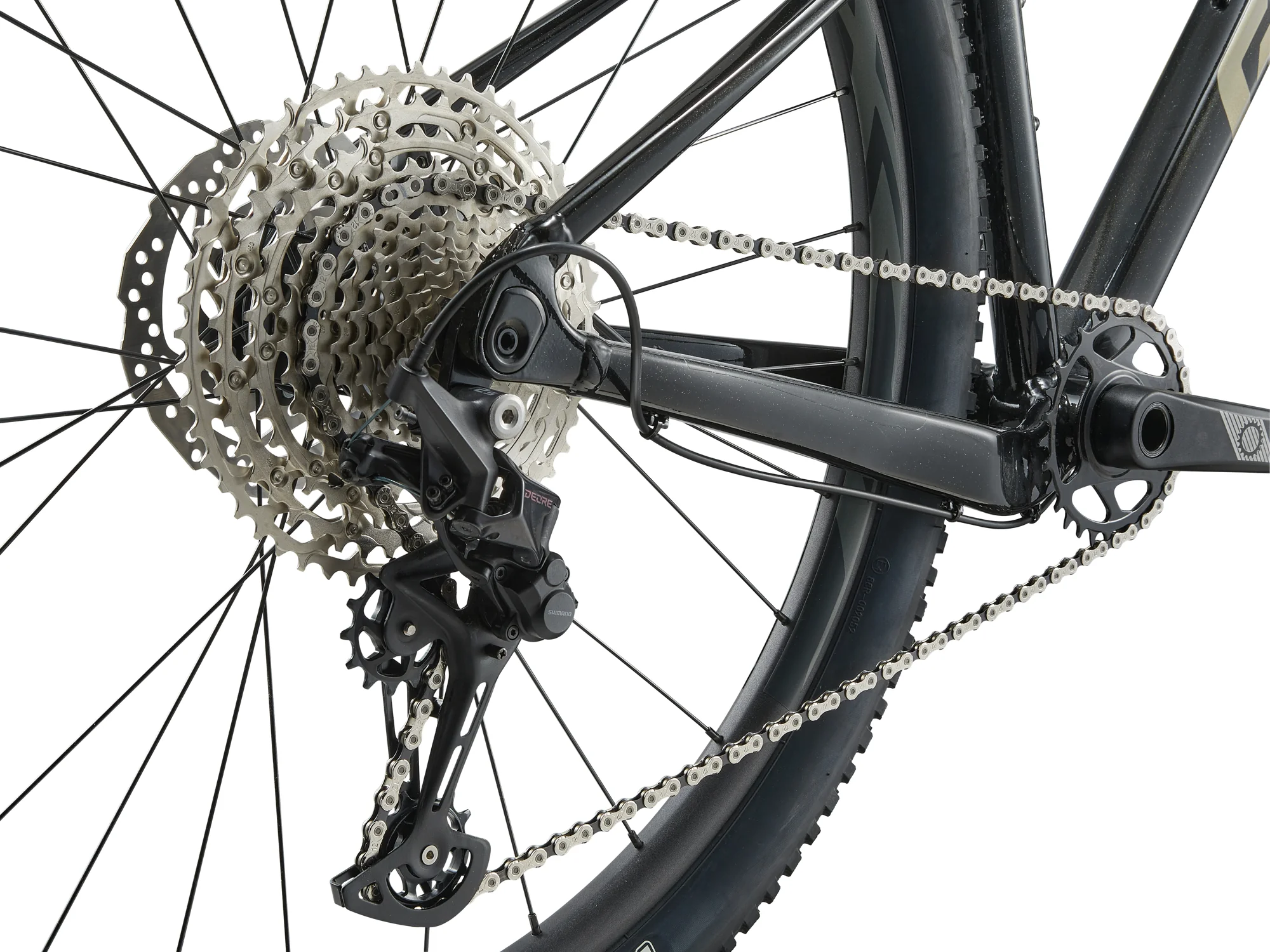 Zadní kolo, dvanáctirychlostní kazeta a přehazovačka Shimano na hliníkovém hardtailu Giant XTC SLR 29 2