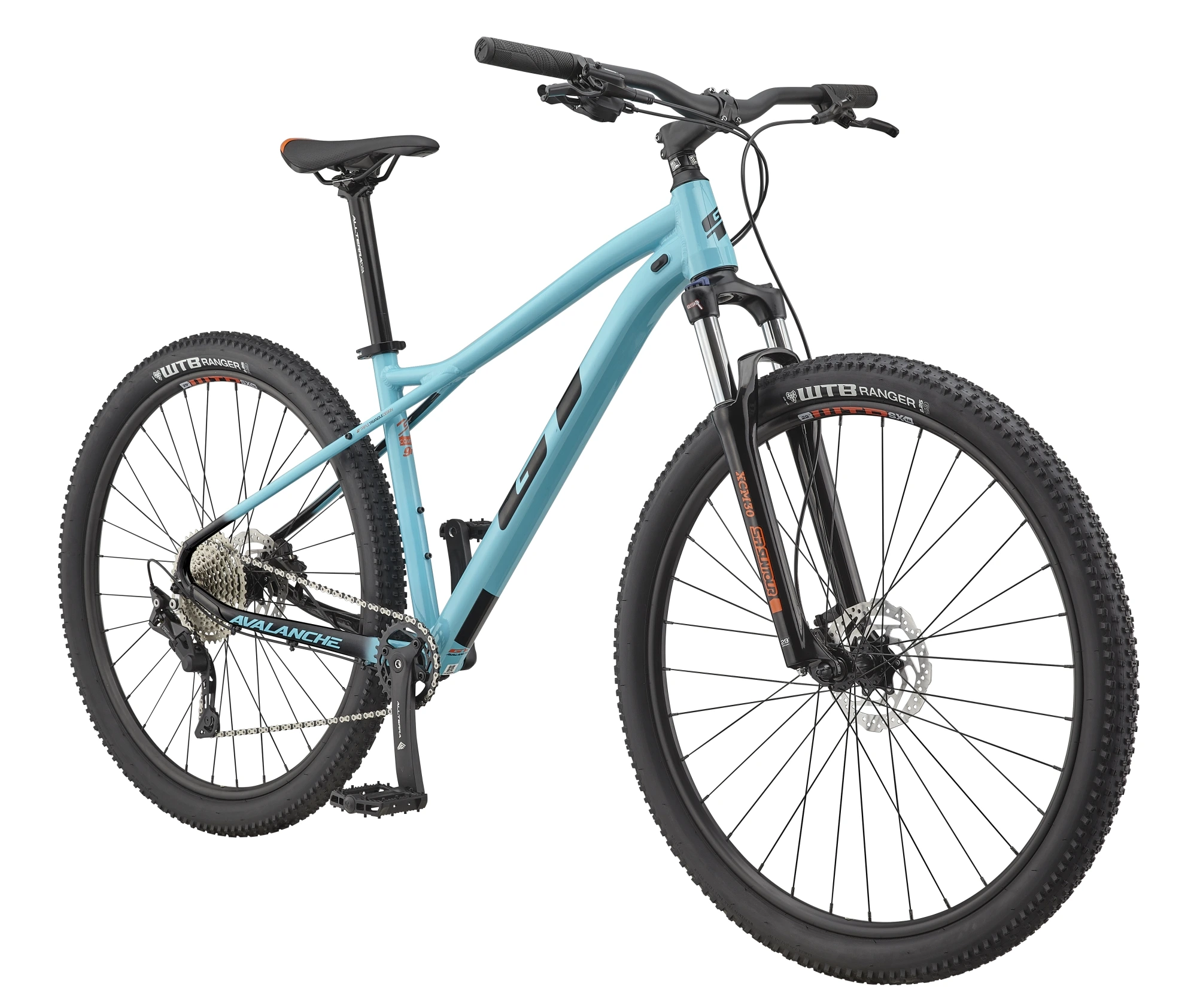 GT Avalanche 27,5" Comp v barvě Aqua s černým přechodem – pohled zepředu a z boku
