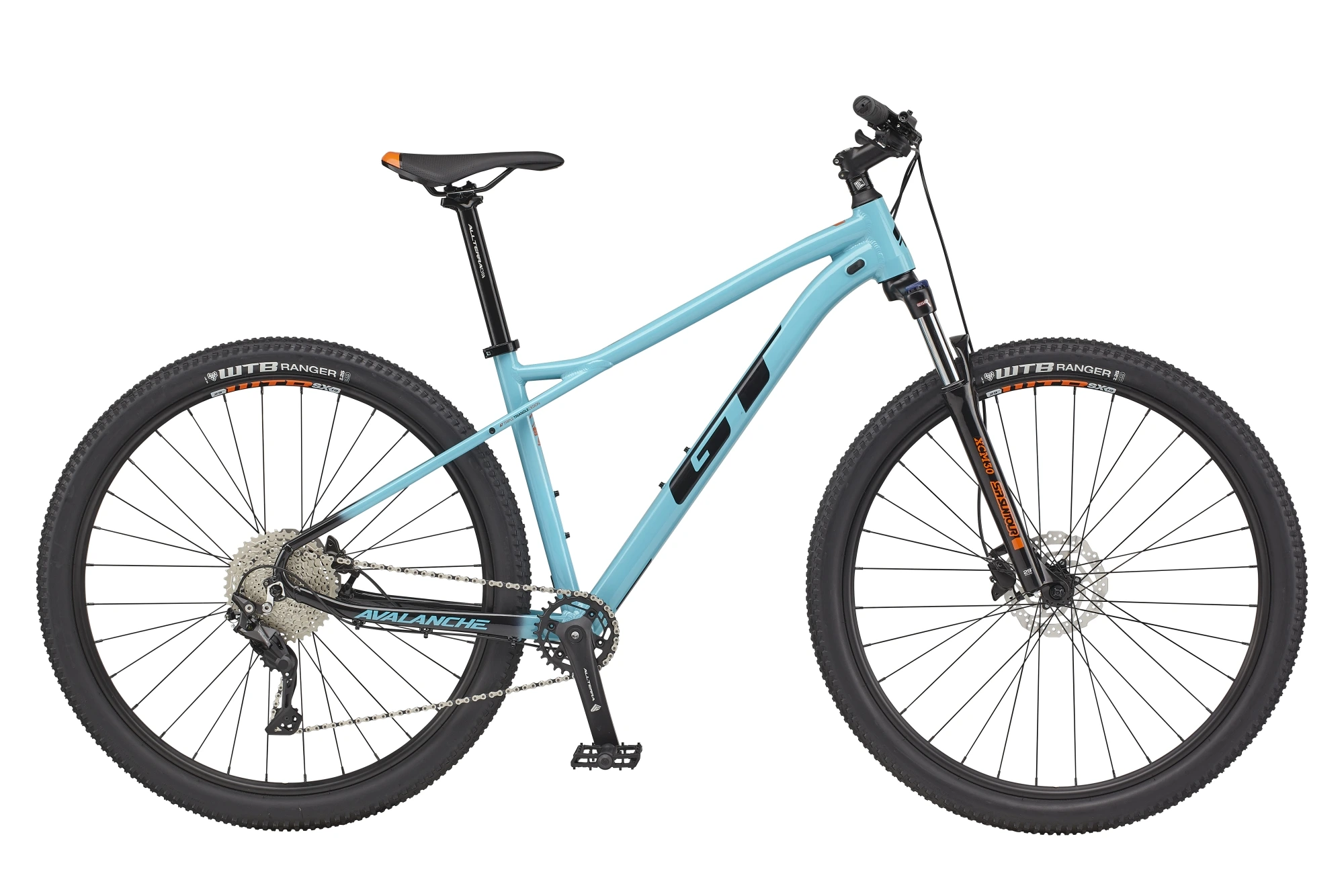 GT Avalanche 27,5" Comp v barvě Aqua z pravé strany – vidlice SR Suntour a pohon s jedním převodníkem vpředu