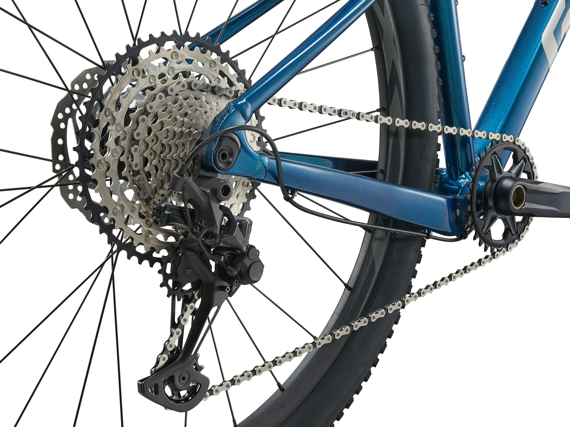 Zadní kolo, dvanáctirychlostní kazeta Shimano a přehazovačka na hliníkovém hardtailu Giant XTC SLR 29 1