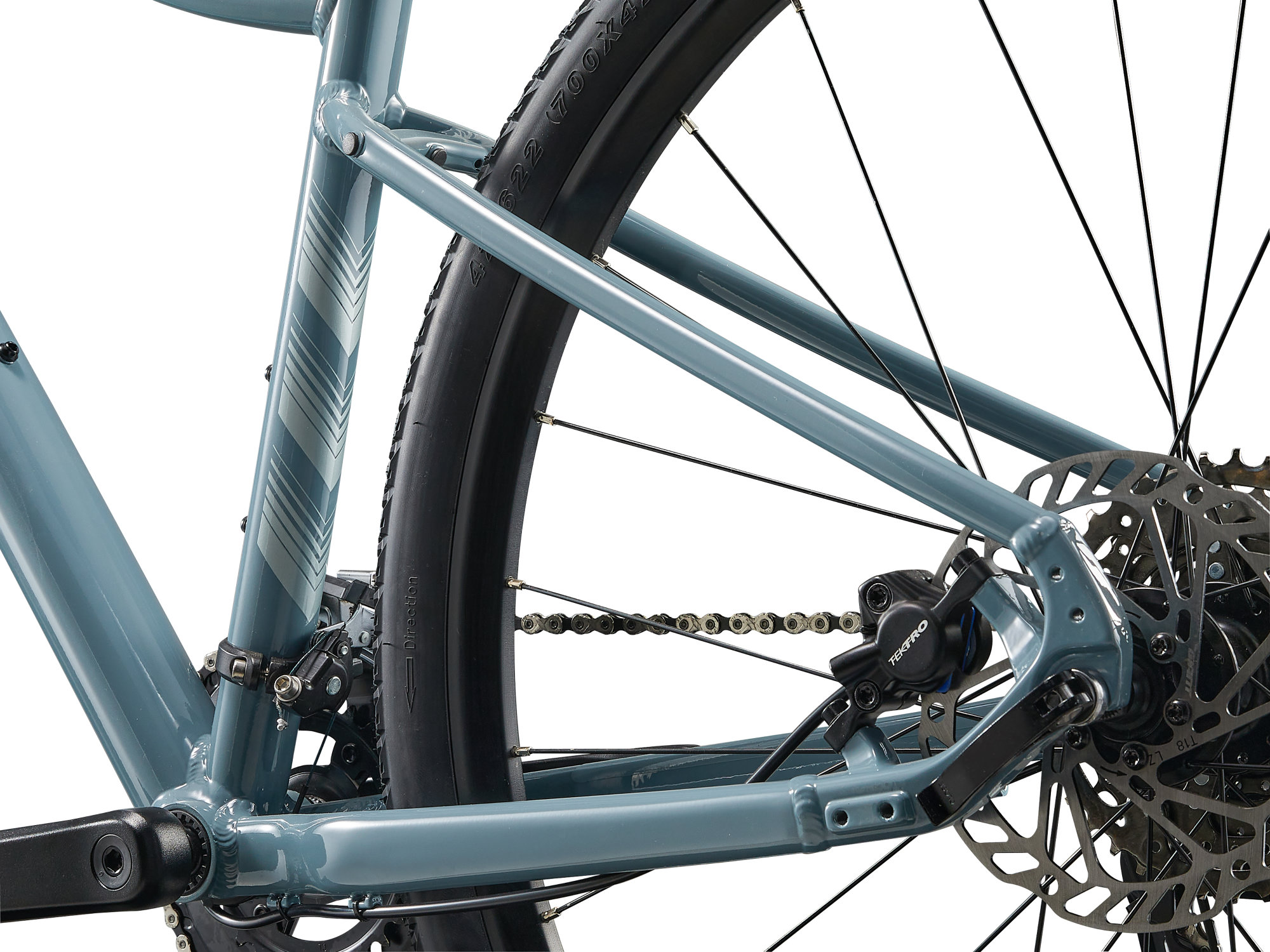 Zadní stavba kola Liv Rove 2 v barvě Storm Cloud s kotoučovou brzdou Tektro, přesmykačem Shimano CUES a úchyty pro příslušenství