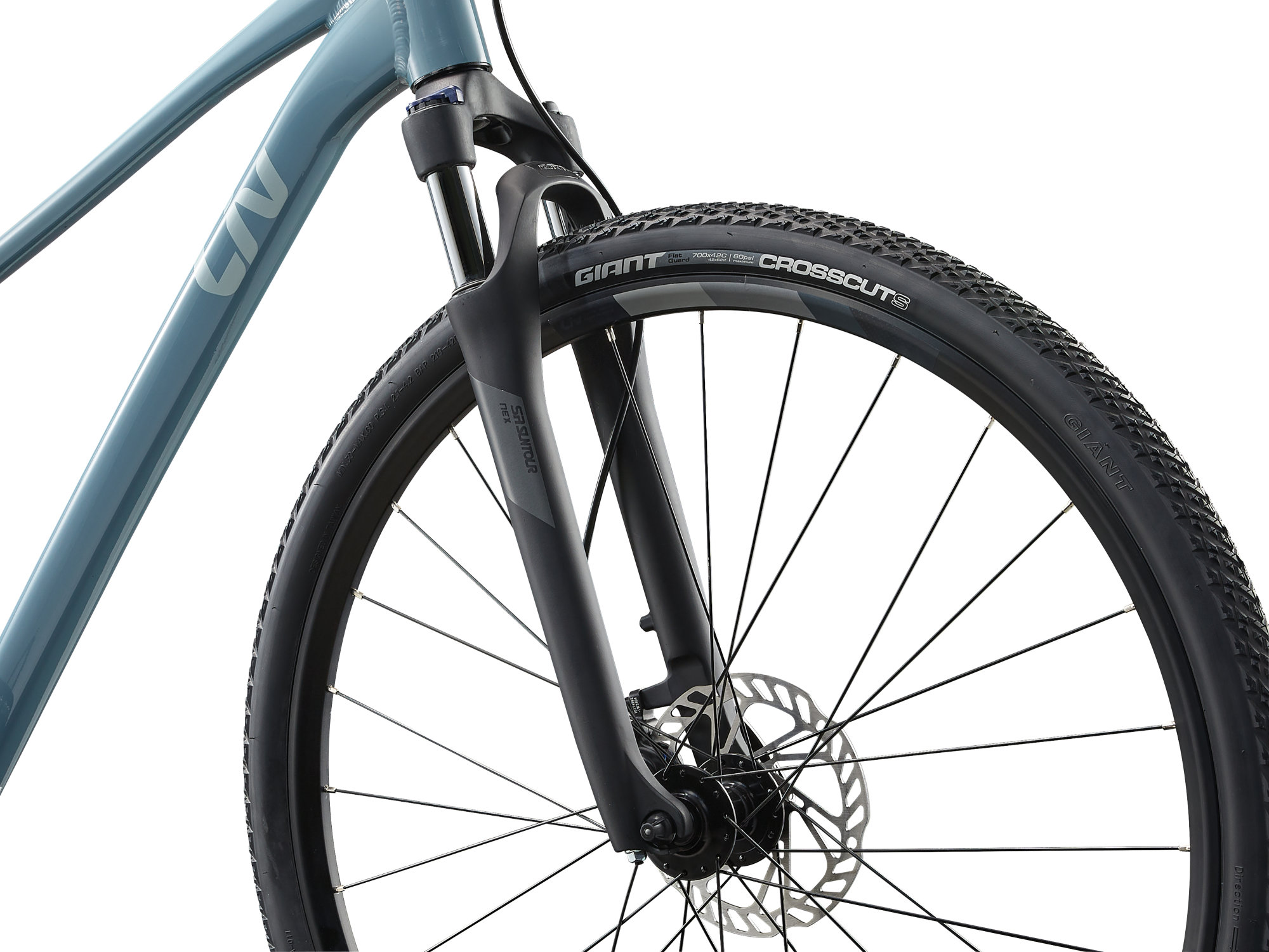 Pružinová vidlice SR Suntour NEX, kotoučová brzda a plášť Giant CrossCut na kole Liv Rove 2 v barvě Storm Cloud