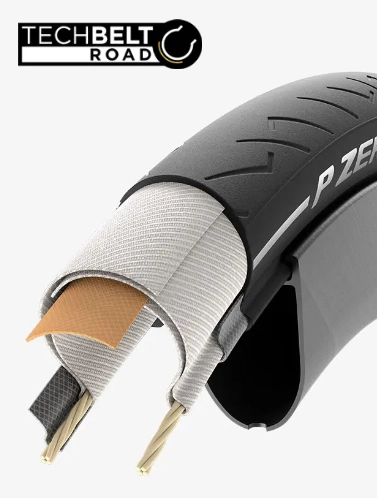 Řez pláštěm Pirelli P ZERO s kostrou TechBELT Road a oranžovou vrstvou odolnou proti proříznutí pod běhounem