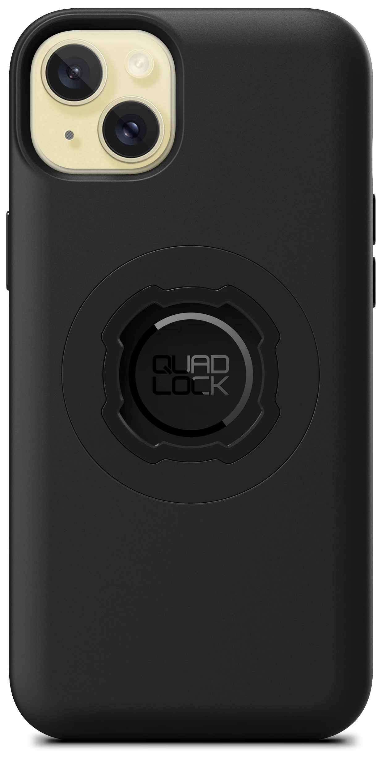 Zadní strana pouzdra Quad Lock MAG pro iPhone 15 Plus s paticí Quad Lock a černým kroužkem MAG Ring