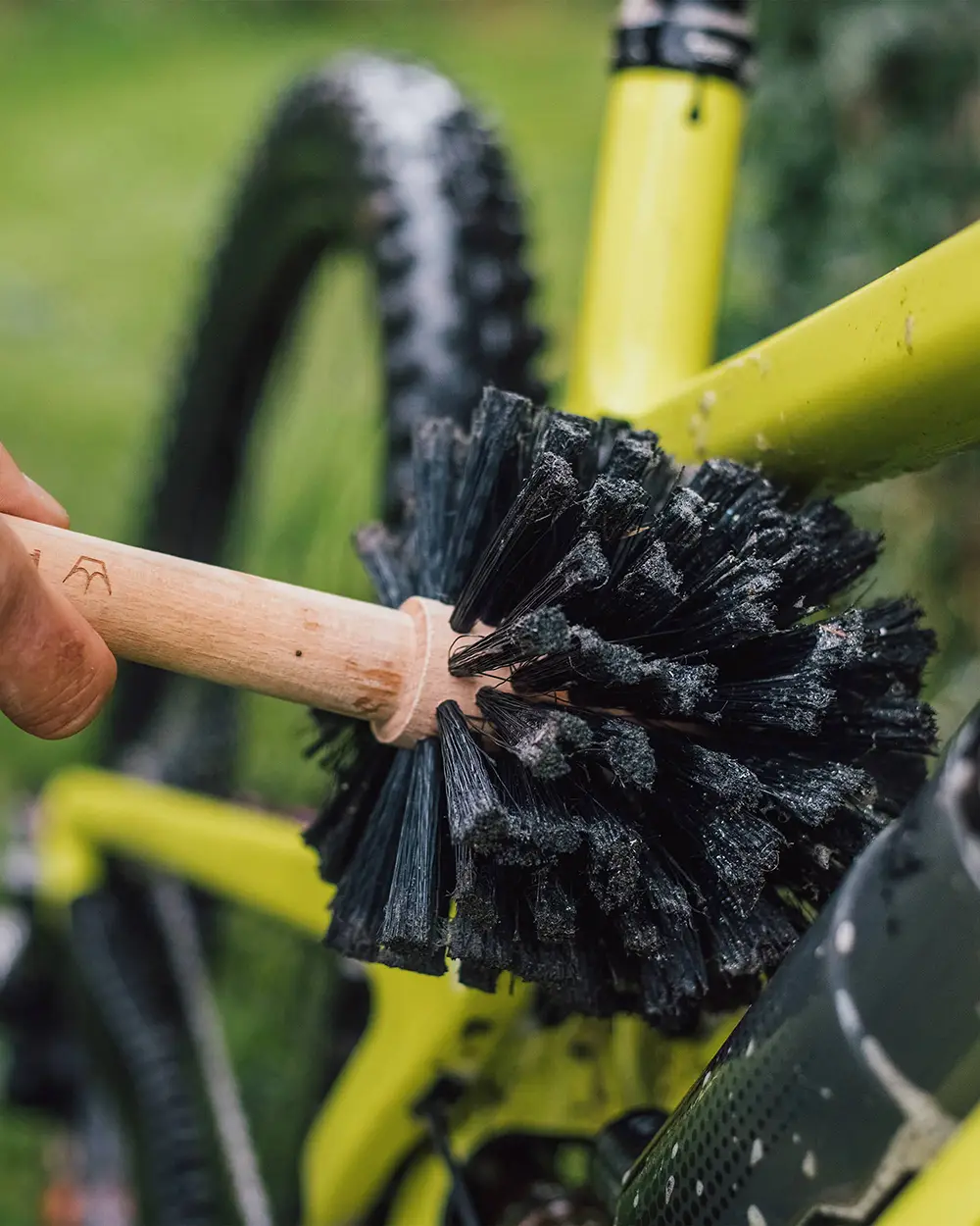 Kartáč Peaty's Bog Brush s bukovou rukojetí při mytí rámu horského kola