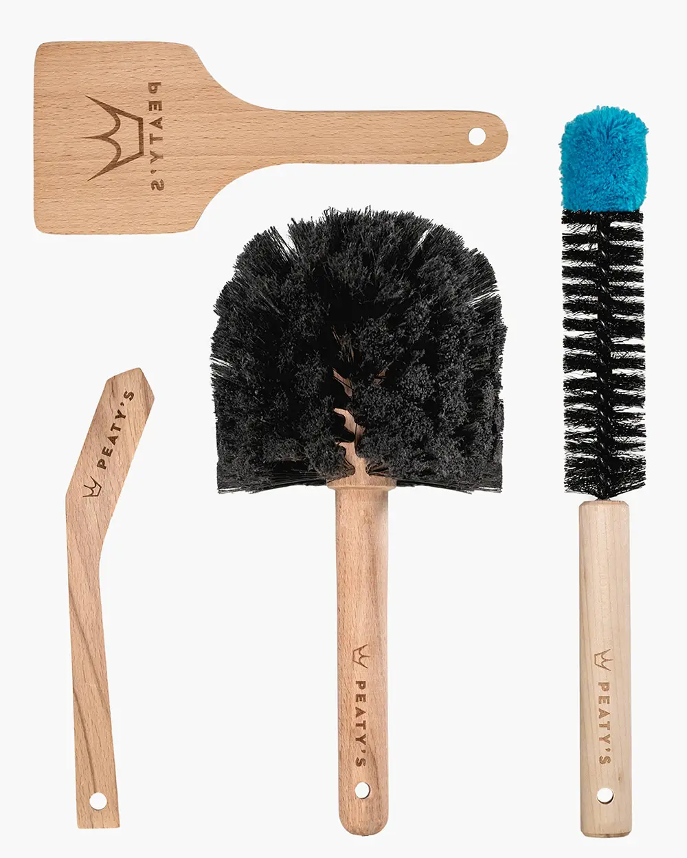 Čtyři kartáče sady Peaty's Bicycle Brush Set – Tyre Brush, Drivetrain Brush, Bog Brush a Detail Brush