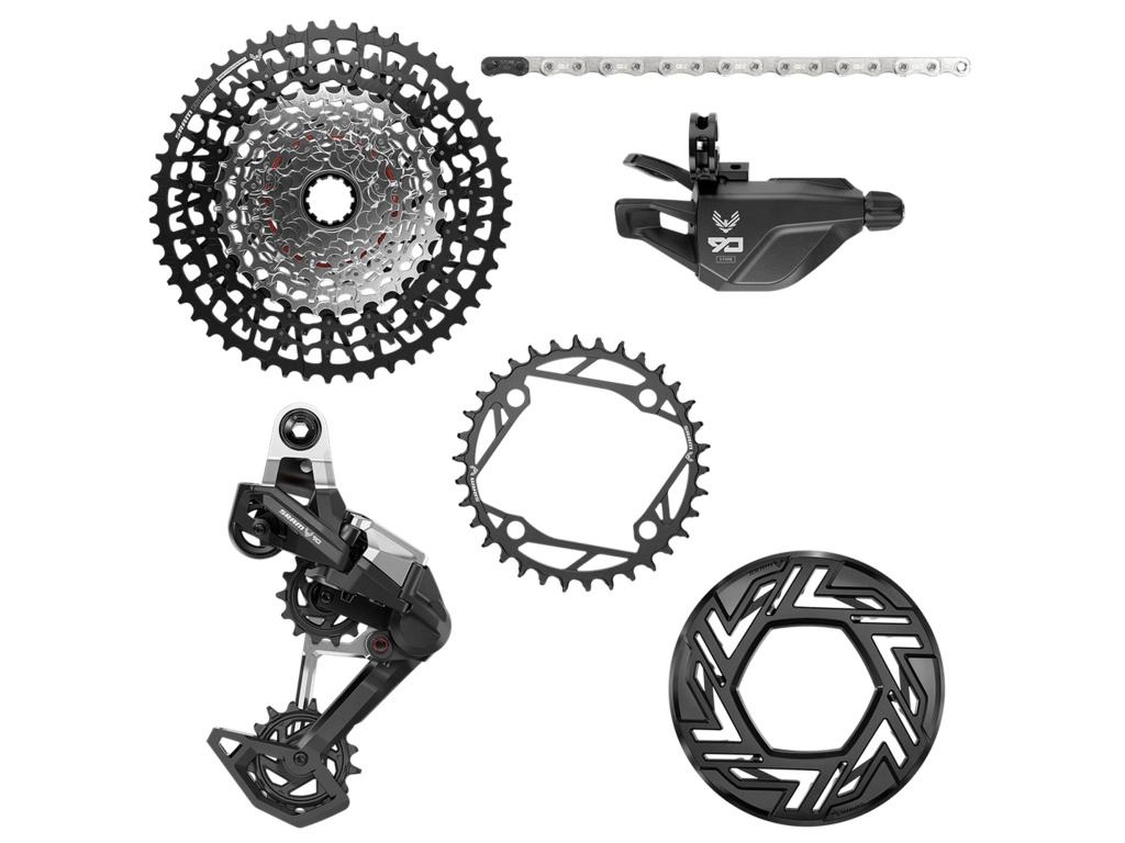 Obsah sady SRAM Eagle 90 E-MTB pro 104 BCD: přehazovačka, páčka, převodník 104 BCD, kryt AeroGuard, řetěz a kazeta