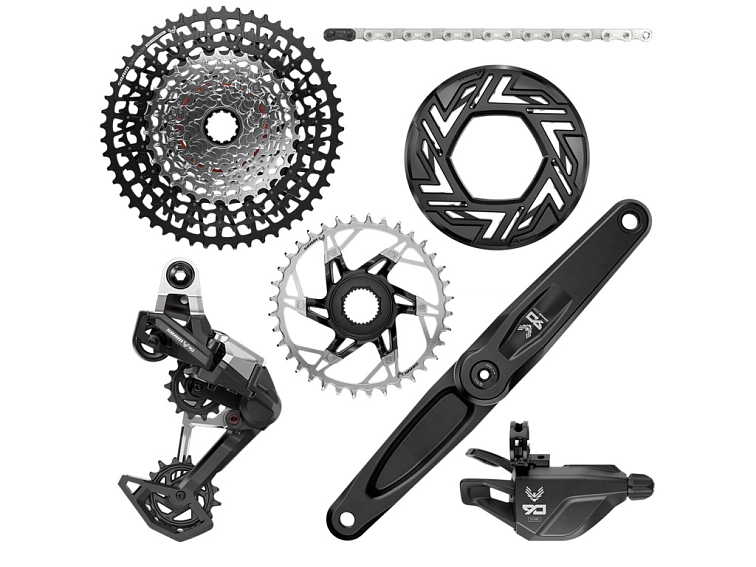 Obsah sady SRAM Eagle 90 E-MTB pro Bosch: přehazovačka, páčka, kliky, převodník, kryt AeroGuard, řetěz a kazeta