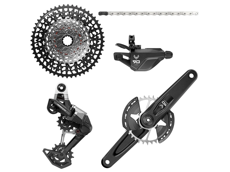 Obsah sady SRAM Eagle 90 T-Type: přehazovačka, páčka, kliky s převodníkem, řetěz a kazeta