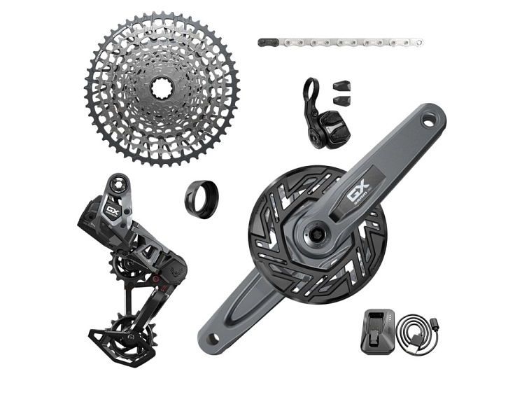 Obsah sady SRAM GX Eagle Transmission E-MTB AXS pro Bosch: přehazovačka, ovladač Pod, kliky s převodníkem a krytem AeroGuard, řetěz, kazeta, baterie a nabíječka