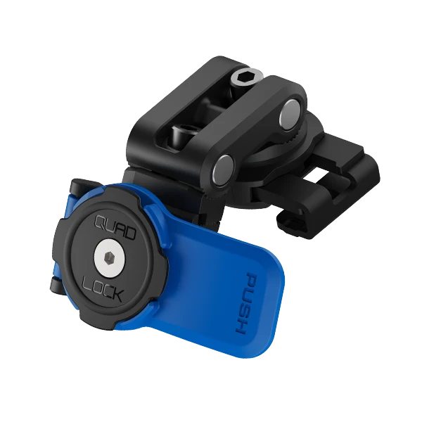 Držák Quad Lock Brake Reservoir Mount: konzola na nádobku brzdové kapaliny, kloubové rameno a hlavice Quad Lock s modrou páčkou