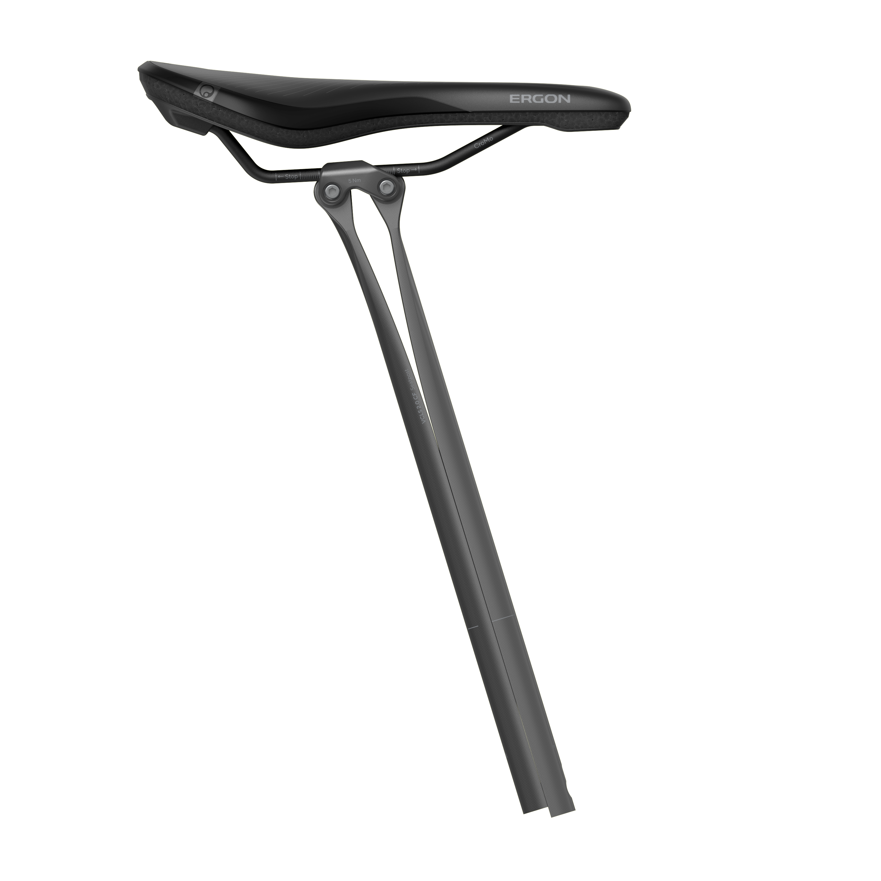Sedlovka Ergon CF Allroad Pro Carbon z boku se dvěma listovými pery a namontovaným sedlem