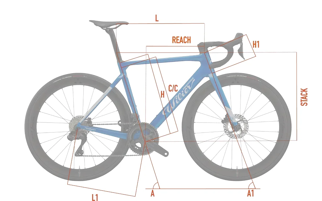 Obecné schéma geometrie Wilier Filante SL – písmena odpovídají řádkům tabulky.