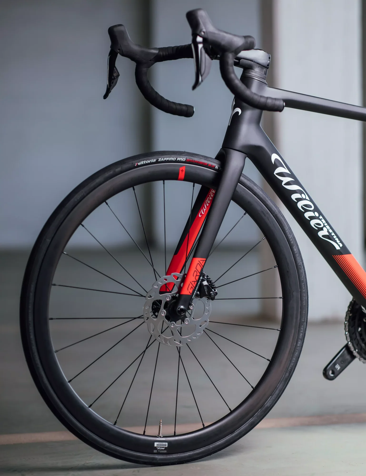 Přední kolo s kotoučovou brzdou a silničním pláštěm ve vidlici kola Wilier Garda Disc